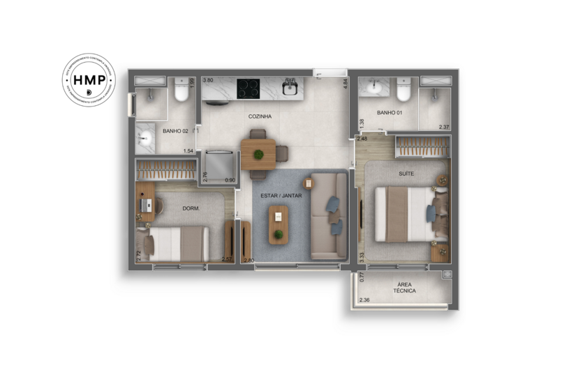 46m² | 2 Dorms. (1 suíte) (perspectiva artística) 