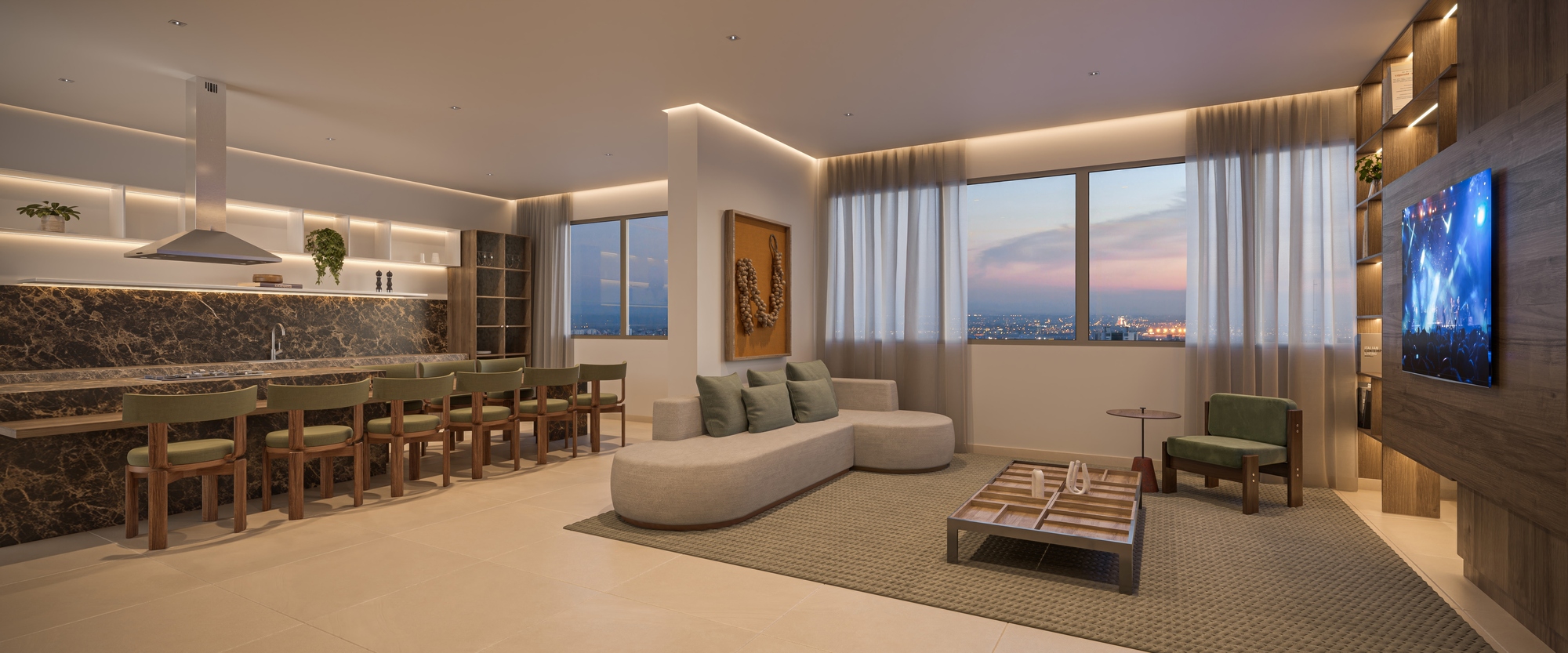 Living do apartamento de 69 m² - perspectiva artística