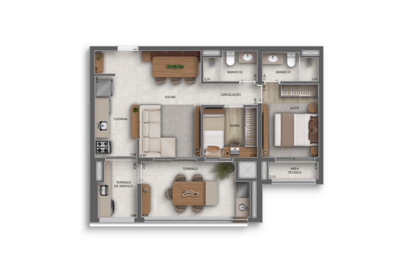 2 dorms (1 suíte) | 69m² - torre 2 (Perspectiva artística) 