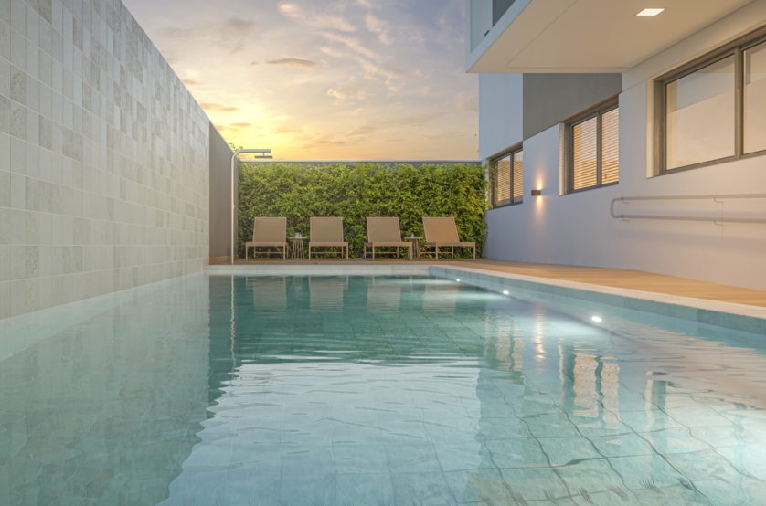 Piscina adulto com solarium e ducha (prespectiva artística)
