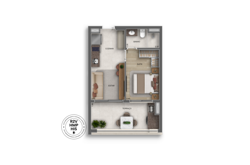 1 Suíte | 39m² (prescpetiva arstísitca) 