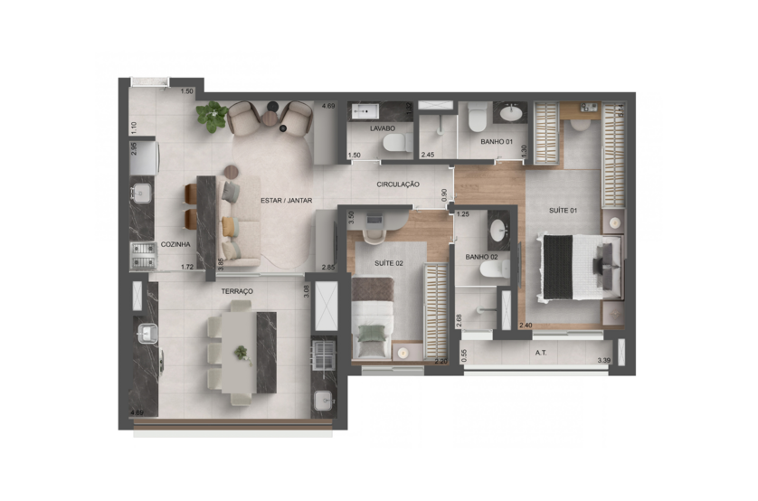 78m² | 2 suítes c/ lavabo (Prespectiva artística)