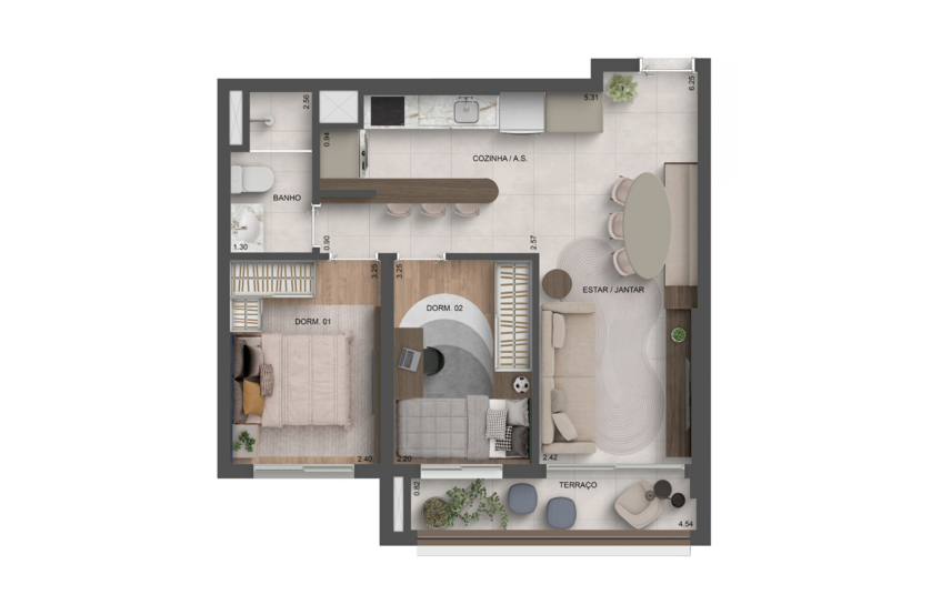53m² | 2 Dorms. (Prespectiva artística)